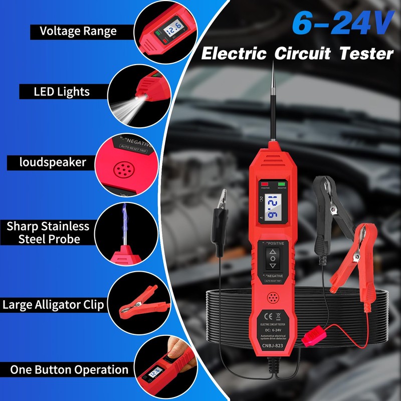 Power Circuit Probe Tester, 6V/12V/24V DC Circuit Tester Automotive, Multifunctional