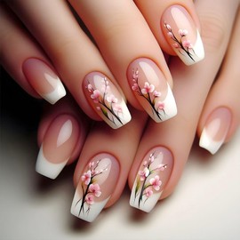 Short Coffin Press on Nails White French Tip Fake Nails with Pink Flower Desingn Glue on Nails Acrylic False Nails Glossy Nails Press ons Coffin Artificial Stick on Nails for Women Girls 24Pcs