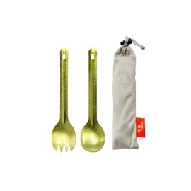 TiTo 2Pcs Titanium Spork and Spoon Outdoor Ultralight Portabale Fork Flatware for Camping Hikking Backpacking Tableware Utensil with Bag (Bright Golden)