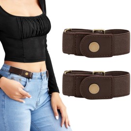 LEACOOLKEY No Buckle Stretch Belt for Women/Men—2 Pack Elastic Invisible Belt for Jeans, C-coffe+coffe, Fits 2 loop size 4"-6"