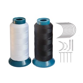 Sewing Thread High Strength Polyester Thread Size 210 D with 12 Pcs of 9cm-C Type Needles/Curved Hair Needles for Sewing (White, Black)