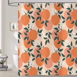 Hnmdmyi Shower Curtain Peach 180 x 200 cm, Cute Orange Pink Fruits Green Leaves Flowers Bath Curtain Watercolour Art Painting Aesthetic Waterproof Polyester Fabric Washable Bath Curtain with Hooks