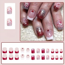 24Pcs Christmas French Tip Press on Nails Short Square Fake Nails Fireworks Design Glue on Nails Snowflake False Nails with Rhinestones Full Cover Glitter Acrylic Nails for Holiday Nail Tips