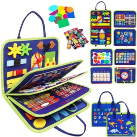 Tablero Montessori 8 en 1, Juguetes Montessori Sensoriales Tablero Ocupado, Juguetes Educativos Sensorial Actividad Board Viaje para Aprender Habilidades Básicas para Vida, Regalo para Niños (Azul)