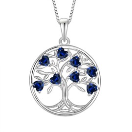 Wisbal 925 Sterling Silver Pendant Necklace Lady Tree of Life Necklace Created Sapphire Necklace Gift for Wife Mother