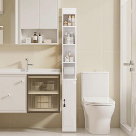 VECELO Storage Cabinet, 71" Tall Narrow Bathroom Cabinet with Adjustable Shelves, Toilet Paper Holder, Magnetic Door, for Small Spaces, Pearl White