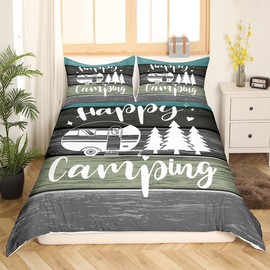 Castle Fairy Camper Travel Trailers Decorations,Pine Tree Drawing Design Duvet Cover for Kids Boys Girls Teens,Rustic Farmhouse Style Bedroom Decor All Season,Twin Comforter Cover,Grey Green Camping
