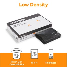 Coastwide 55-60 Gallon Industrial Trash Bag, 38" x 58", Low Density, 0.95 mil, Black, 100 Bags/Box (CW18188)