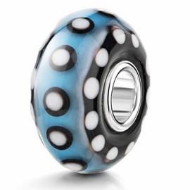 Materia Murano Glass Beads Pendant Dots 925 Silver Blue Black for Beads Bracelet #506, Sterling Silver Glass