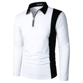 HOOD CREW Mens Long Sleeve Polo Shirts Fashion Color Block Zipper T Shirts White XL