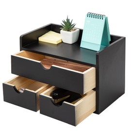 ExoLiry Black Bamboo Desk Organizer Wooden Storage Cabinet 3 Drawers with Shelf Tabletop Organization Box Home Office Workspace Bathroom Toiletries Supplies Caddy Vanity Makeup Stationery Holder
