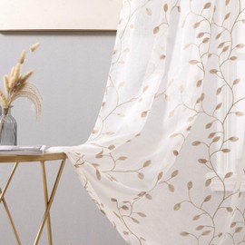 MIULEE White Sheer Curtains with Embroidered Leaf Pattern for Living Room Spring Decorative Elegant Grommet Embroidery Window Voile Bedroom Drape 2 Panels 54 x 84 Inches Brown