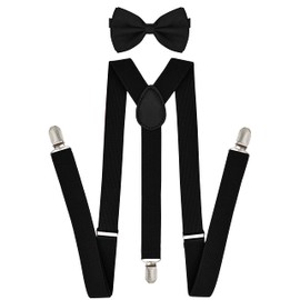 trilece Black Suspenders for Men with Bow Tie - Adjustable Size Elastic 1 inch Wide Y Shape - Womens Suspenders with Bowtie - Strong Clips (1, Black)