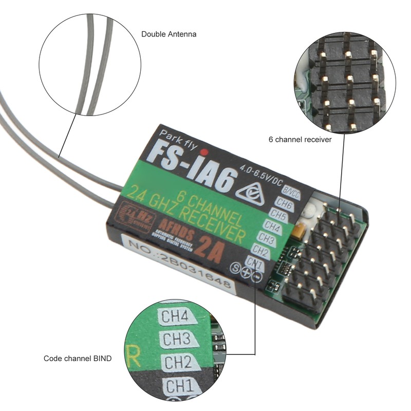 FS IA6 RC Receiver 2.4GHz 6 Channels with Dual Antenna