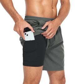 Mens Swim Shorts Quick Dry Bathing Suits Swim Trunks with Compression Liner Board Shorts with Pockets Grey M