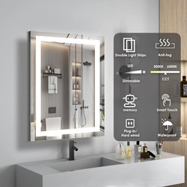 16×24 inches LED Bathroom Mirror, Bathroom Vanity Mirror with Lights for Wall, Wall Mounted Vanity for Bathroom Makeup, Stepless Dimmable&Colors, Anti-Fog, Memory Function, Waterproof