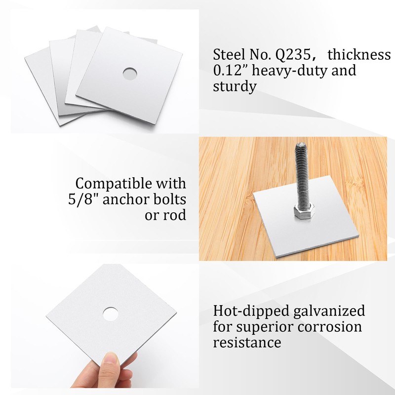 Pelopy 10-Pack Galvanized Square Washers Plates, 5/8 ID, 3.75 x