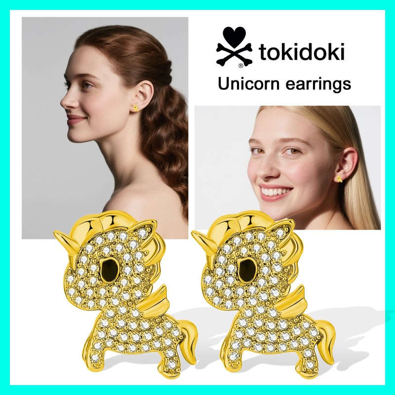 Tokidoki Unicorno Stud Earrings, 14K Plated with CZ Crystal Accents