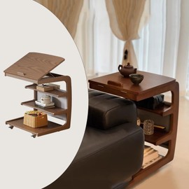 ZELLOXY Wood C-Shaped End Table, Rolling Couch Side Table with 4 Tilt Angle Adjustments, TV Tray Table with 4-Tier Storage Shelf，Sofa Table with Side Pockets, Wheels,for Living Room, Bedroom，Walnut