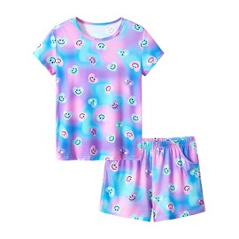 Tebbis Tie Dye Pajamas for Big/Tween Girls - Colorful Smiling Face and Heart Pattern PJ Set Kid Size 10