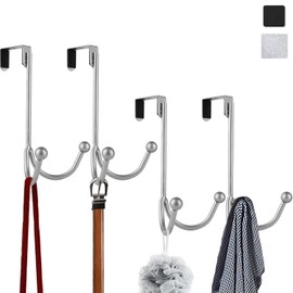 HFHOME 4Packs Over The Door Double Hanger Hooks, Metal Twin Hooks Organizer for Hanging Coats, Hats, Robes, Towels- Silver