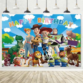Toy Happy Birthday Backdrop Decorations - Large Photography Backdrop for Birthday Party Supplies for Kids Party Decorations, Photo Background Wall Art Decor Banner for Boys & Girls