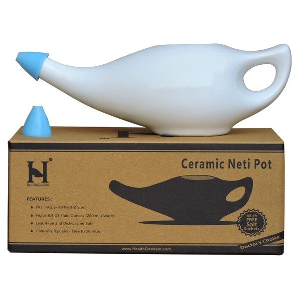 Ceramic Neti Pot Premium Handcrafted, Nose Cleaner for Sinus Dishwasher Safe with 2 Silicone Nozzle Tip, 225 Ml Capacity, White Color