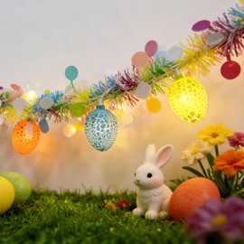Jasneniebo 8.5Ft Easter Garland Lights with 10L LED Easter Egg String Lights Plug in and Pastel Tinsel Spring Garland Decorations for Indoor Holiday Home Bedroom Classroom Easter Decor