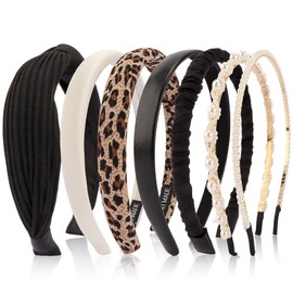 GeorgeX Diademas para Mujer, 7 Piezas Diferentes Bandas para el Cabello con Accesorios de Moda, Anudado Sólido, Perlas, Trenzadas(Negro)