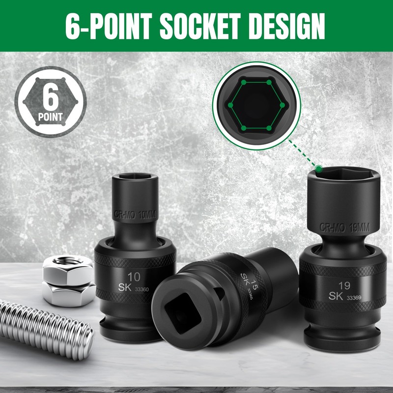 SK 3/8" Drive Universal Swivel Impact Socket Set, Metric Socket