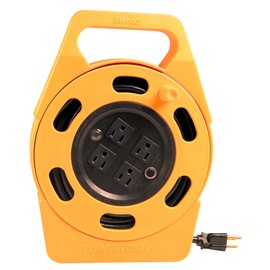 Woods 2801 Extension Reel with Four 3-Prong Power Outlets; Heavy Duty Retractable Cord; User Friendly; Made of Flame Resistant Materials; 10 AMP Circuit Breaker; 25 Foot; Yellow; Orange