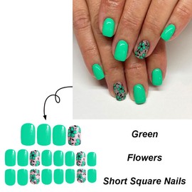 Green Press on Nails Spring Nails Press On Short Square Fake Nails with Flower Design Full Cover Floral Nails Glossy Reusable Summer False Nails for Women Girls Manicure 24pcs