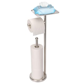Fatizon Toilet Paper Holder, Freestanding Toilet Paper Stand with Shelf for Small Items, Toilet Paper Holder with Storage Space for 4 Extra Toilet Paper Rolls (Stainless Steel Base, Brushed Nickel)