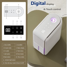 3 in 1 Dehumidifier, Humidifier & Air Filtration & aroma diffuser combo - 39Oz, Auto Humidity Control,Quiet, 27db，multifuctional colorful mist,for Bedroom/bathroom/home/basement/RV(350 sq.ft)