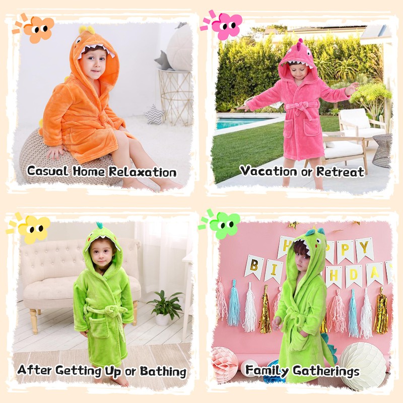 LOLANTA Children's Fleece Dinosaur Bathrobe Plush Hooded Bathrobe for 1-8