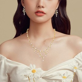 BiBeary Jewellery Set Bridal Women's Leaf Flower Wedding Statement Necklace Earrings Set Party, Zirconia, Cubic Zirconia