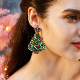 FUNOJOY Christmas Earrings for Women - Beaded Christmas Earrings, Hypoallergenic Christmas Tree Cake Bow Dangling Earrings Holiday Jewelry Gift for Women