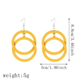 Bohemian Unique Handmade Wooden Hoop Splicing Earrings Retro Statement Colorful Contrast Wood Geometric Lightweight Dangle Drop Earrings for Women (Yellow Hollow)