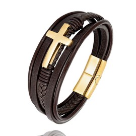 REchoLI Cross Bracelet for Man Brown Braided Leather Bracelet with Stainless Steel Gold Cross Charm Stylish Christian Jewelry 21 cm / 8.26 inches (Gold)