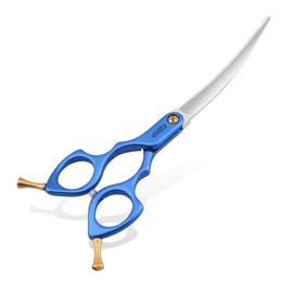 FOGOSP Professional Left Handed Curved Dog Grooming Scissors with Sharper Self Grinding lightweight and finely trimmed split structure 6.5'' Japan VG10 63HRC for small dogs cat pet(Blue)