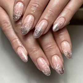 Long Christmas Press on Nails White Snowflake Fake Nails with Silver Glitter Gradient Glue on Nails Glossy Winter Xmas Almond Acrylic Nails for Women Girls