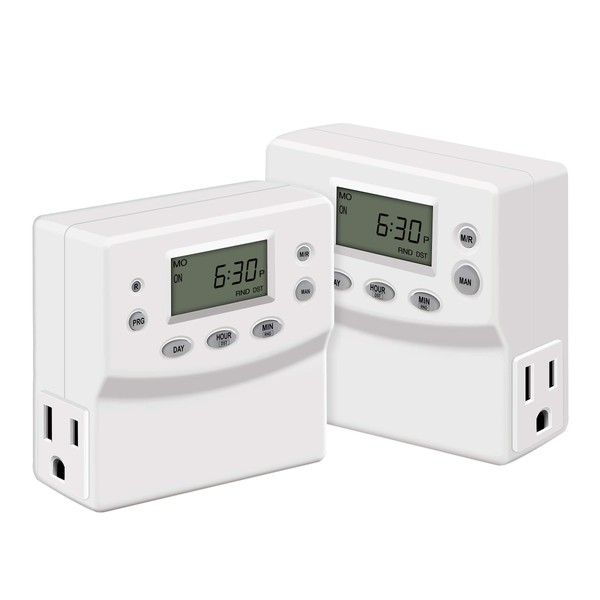 TOPGREENER Heavy Duty 7 Day Programmable Plug-in Digital Timer for Lights, Electrical Outlets, Grounded Outlet, Random and Daylight Savings Timer Switch, 120V, 15A, 1200W, TGT07-2PCS, White, 2 Pack