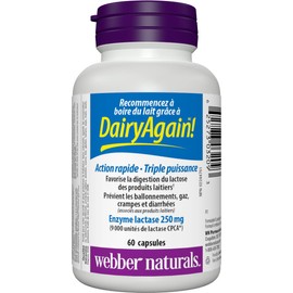 Webber Naturals Dairy Again Lactase Enzyme 250 mg, 60 Capsules, Helps Digestion of Lactose in Milk and Dairy Products