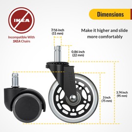 HOLKIE Office Chair Wheels Roller Blade Caster Rubber Replacement for Office 11x22mm Transparent 3 Inch, Desk Rolling Set of 5 for Hardwood Floors Gaming Chair Wheels Smooth & Silence Gliding