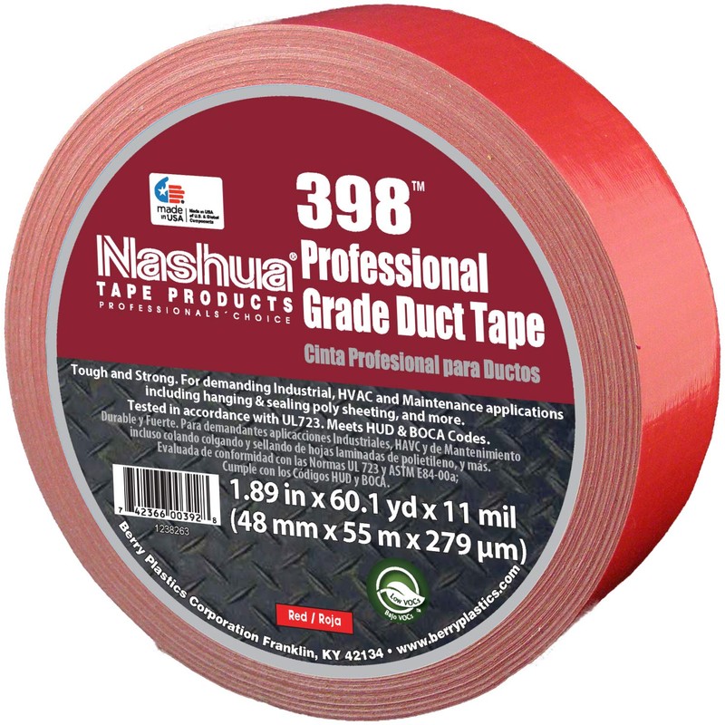 Nashua 398 Red Duct Tape, Heavy Duty, Water Resistant, 1.89