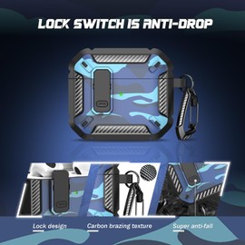 RFUNGUANGO for AirPods 3 Case Cover with Cleaning Kit and Carabiner, Safety Lock and Automatic Pop-up, Compatible with Airpods 3rd Generation Case, Support Wireless Charging, Blue Camo