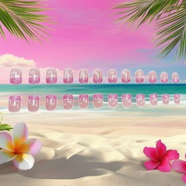 Pink Glitter Press on Nails Short Square Fake Nails with Ocean Sailboat Coconut Tree Designs Pink Glossy Acrylic Nails Sparkly Summer Glue on Nails Full Cover Stick on Nails for Women 24Pcs