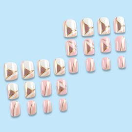 OCOUYVD Fake Nails Short Square Press on Nails Spring Summer False Nails with Golden Stripe Design Pink White Glossy Acrylic Nails Reusable Fake Nails Fully Cover Stick on Nails for Women and Girls