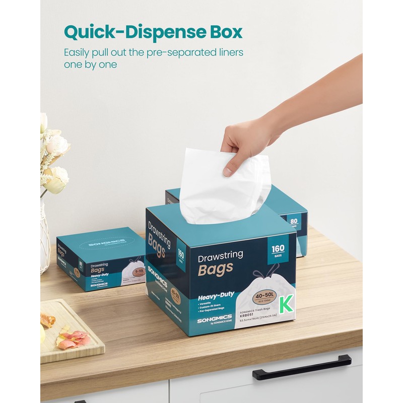 SONGMICS Trash Bags for 13-Gallon (50 L) Trash Cans, Drawstring