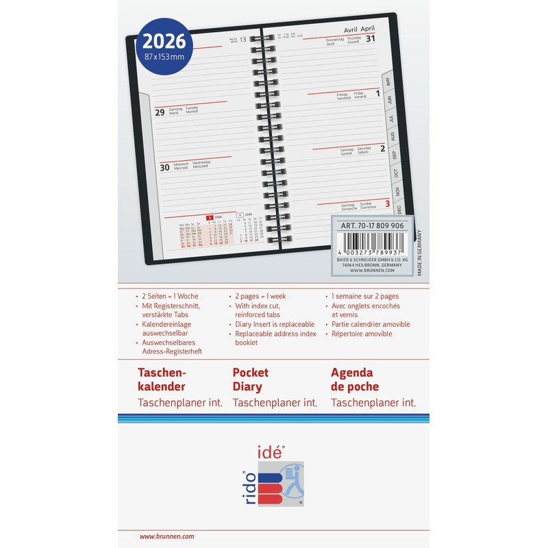 rido/idé Pocket Calendar Model Pocket Planner Int. 2026 | A6,